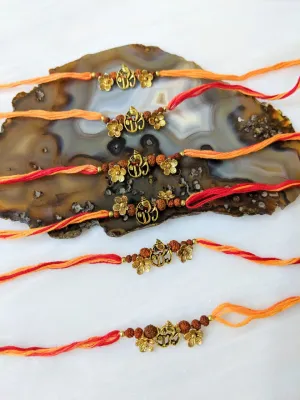 (Set of 6) Ganesh Ji Rakhi for Men Gold Flower Rudraksha Beads Rakhi
