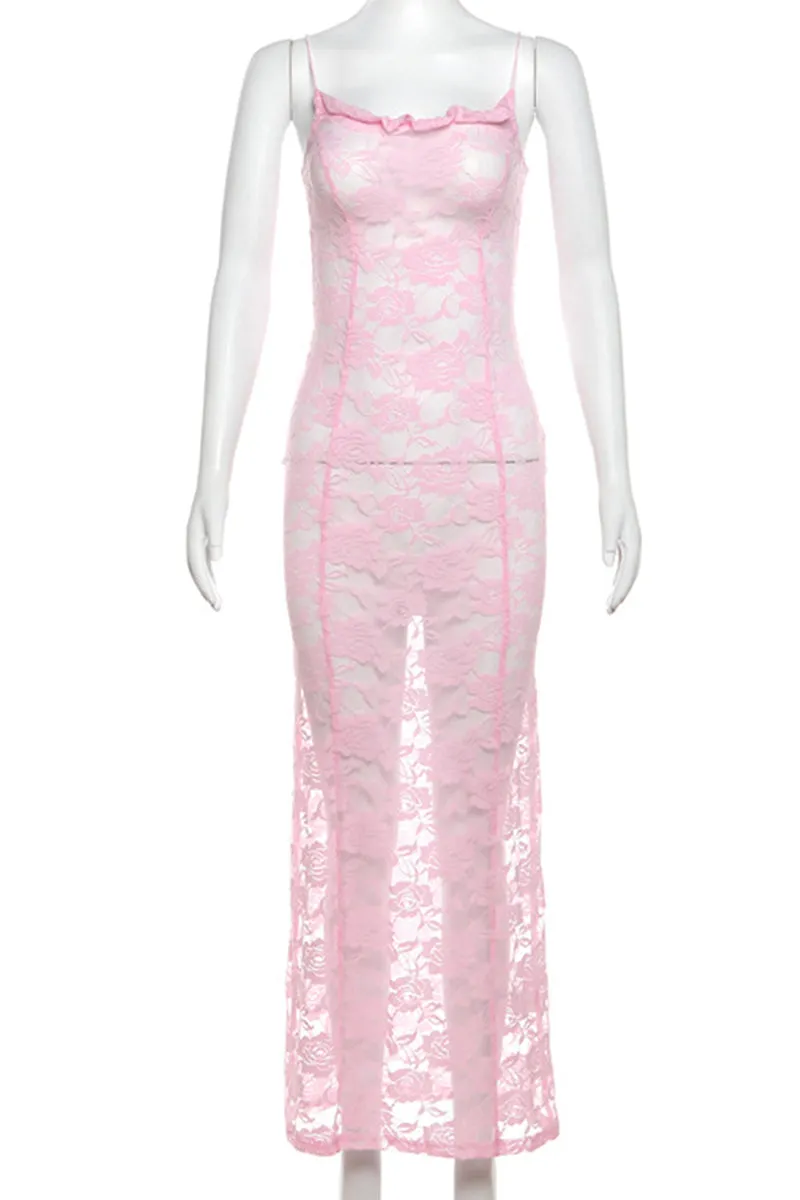 Sexy Lace Patchwork See-Through Backless Spaghetti Strap Sling Dresses