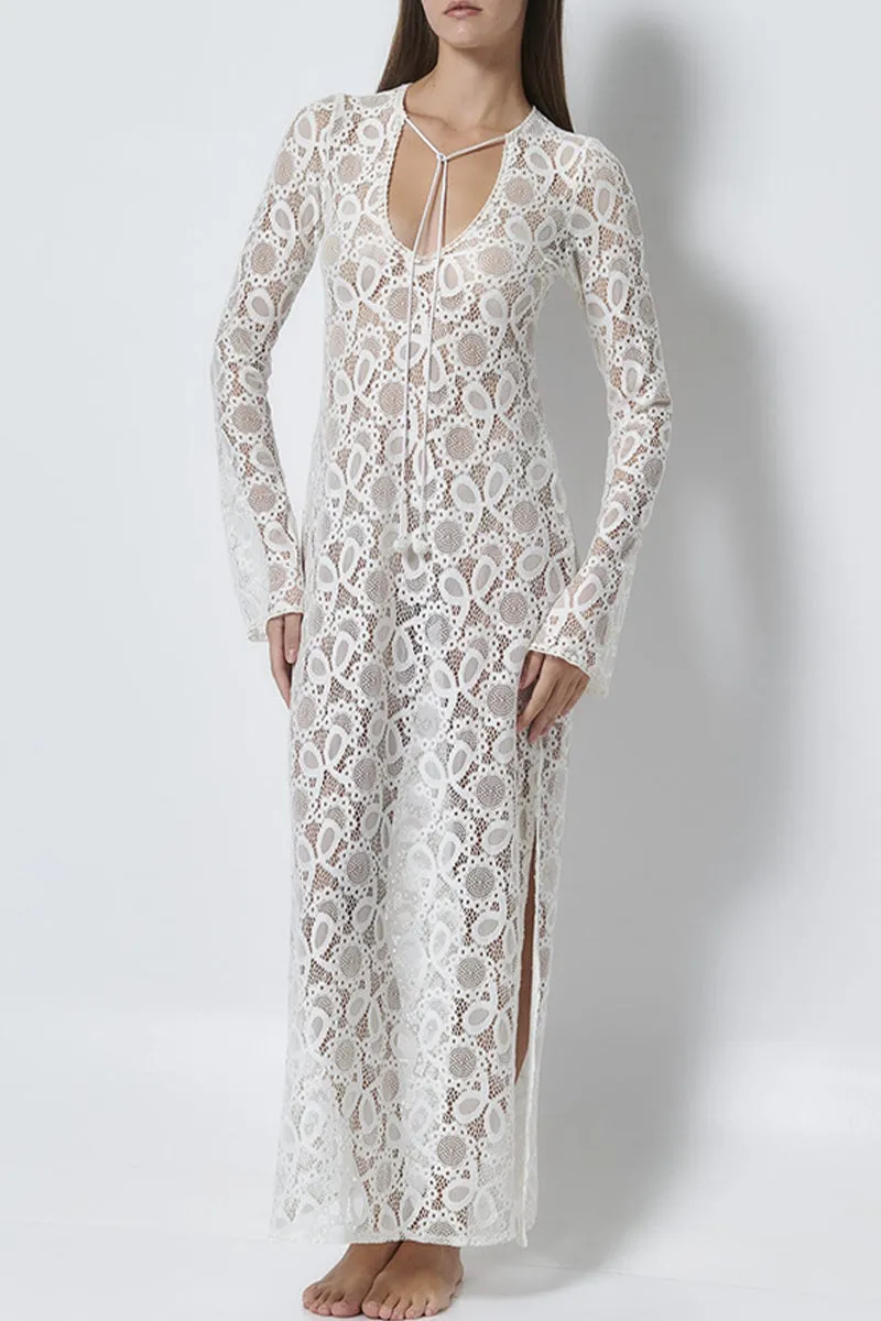 Sexy Solid Color Lace Up See-Through Slit V Neck Long Sleeve Dresses