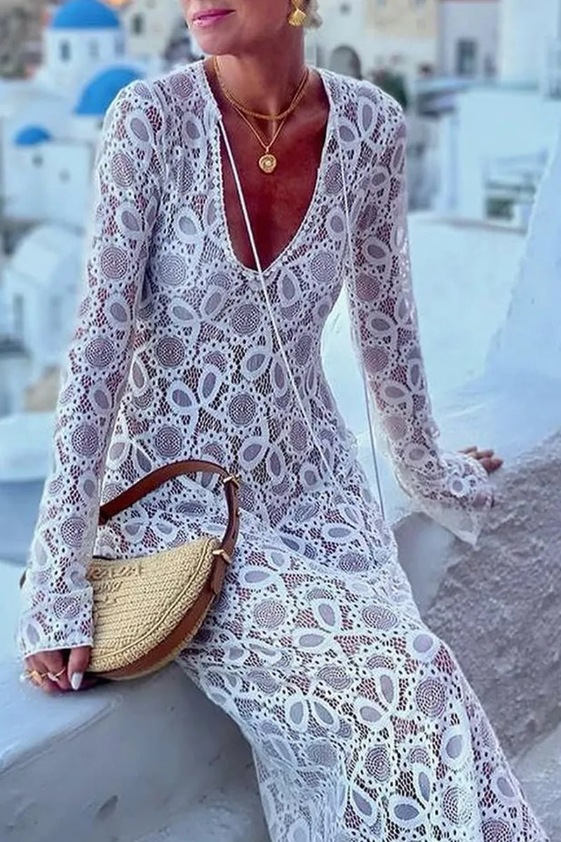 Sexy Solid Color Lace Up See-Through Slit V Neck Long Sleeve Dresses