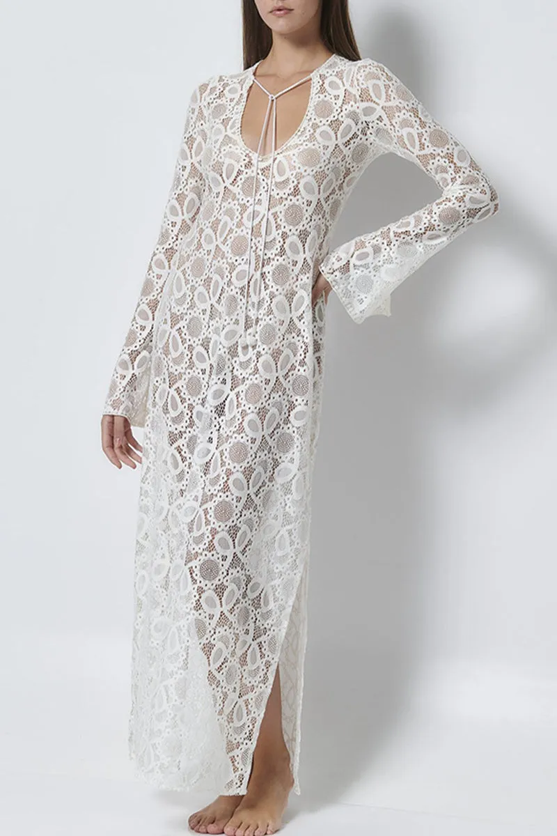 Sexy Solid Color Lace Up See-Through Slit V Neck Long Sleeve Dresses