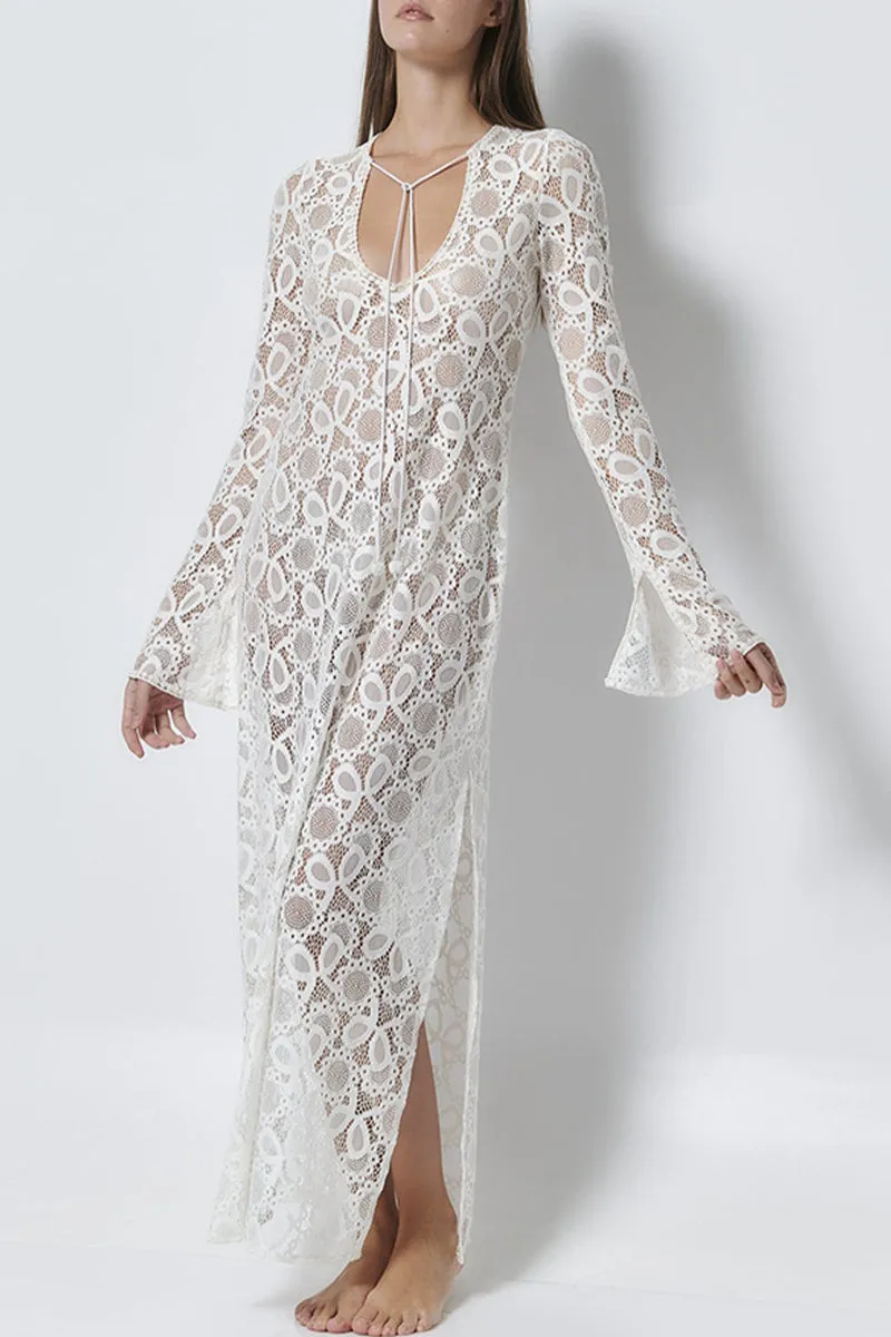 Sexy Solid Color Lace Up See-Through Slit V Neck Long Sleeve Dresses