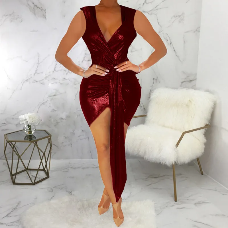 Sexy V-Neck Sleeveless Asymmetric Hem Bodycon Dress