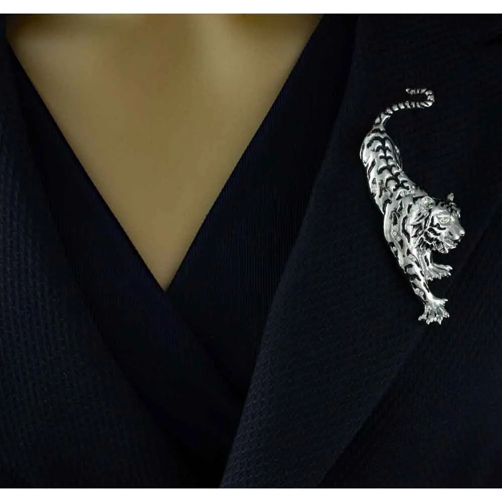 Silver with Black Stripes Tiger on the Prowl Brooch Pin - PRA042