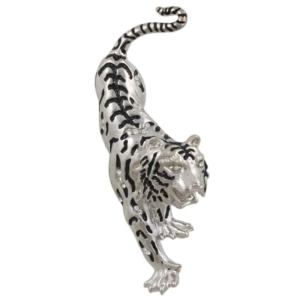 Silver with Black Stripes Tiger on the Prowl Brooch Pin - PRA042