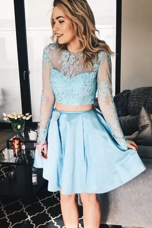 Sky Blue Long Sleeve See Through Two Piece Homecoming Dresses, MH430