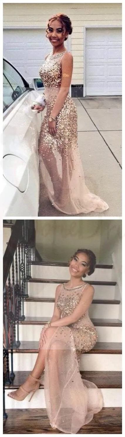 Sleeveless Sparkle Sequin Prom Dresses, Sexy See Through Evening Dresses