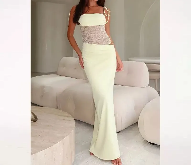 Slim fit patchwork see-through suspender dress