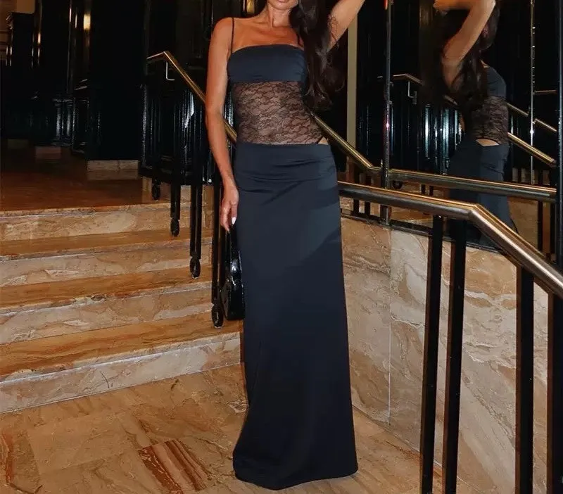 Slim fit patchwork see-through suspender dress