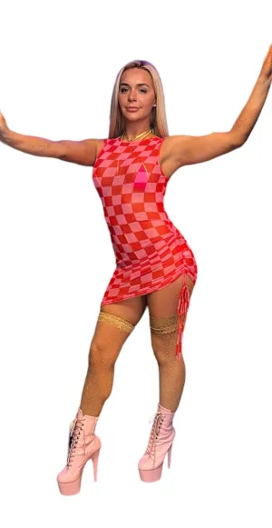 SMALL PINK & RED CHECKERED MESH DRESS