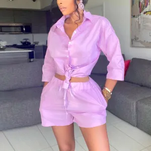 Solid Long Sleeve Button Detailed Pocket Design Two Piece Shorts Set