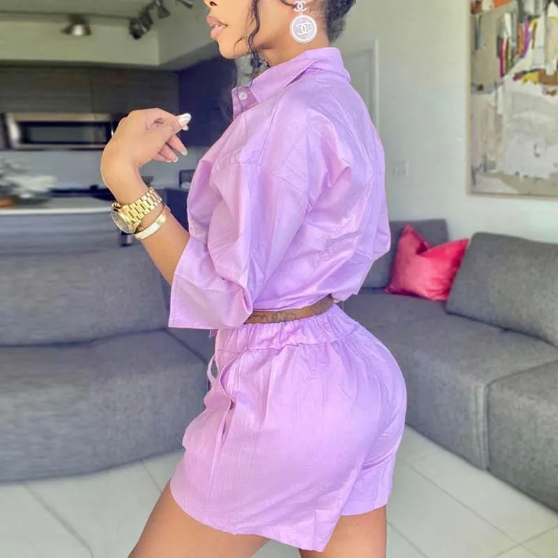 Solid Long Sleeve Button Detailed Pocket Design Two Piece Shorts Set