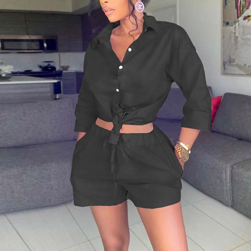 Solid Long Sleeve Button Detailed Pocket Design Two Piece Shorts Set