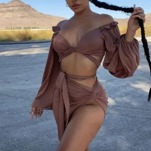 Solid Off Shoulder Long Sleeve Bandage Irregular Two Piece Skirt Set
