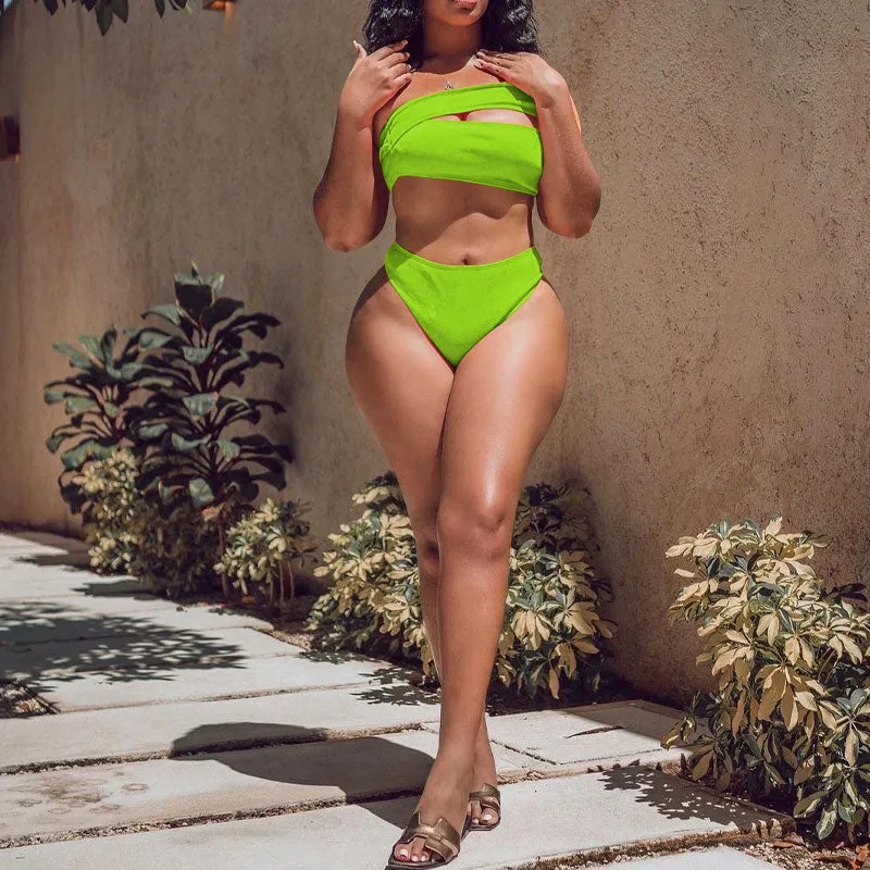 Solid One Shoulder Cut Out 2PCS Swimsuit Set