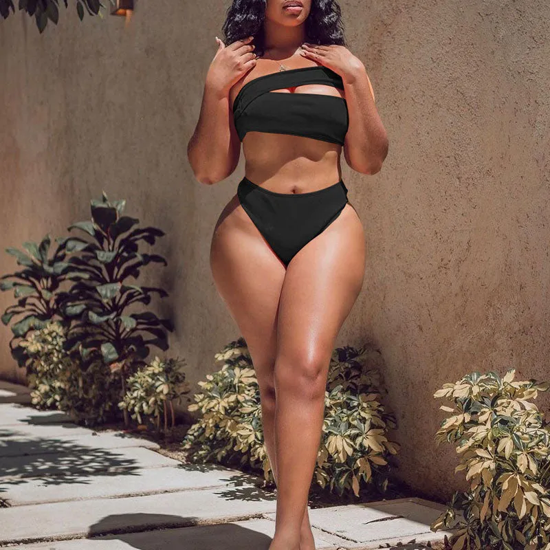 Solid One Shoulder Cut Out 2PCS Swimsuit Set