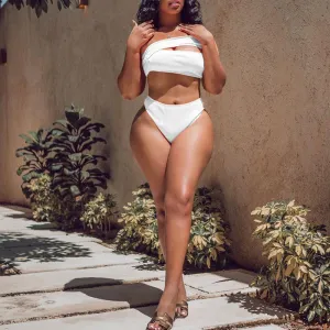 Solid One Shoulder Cut Out 2PCS Swimsuit Set