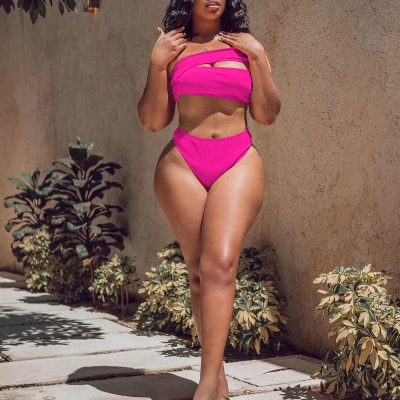 Solid One Shoulder Cut Out 2PCS Swimsuit Set