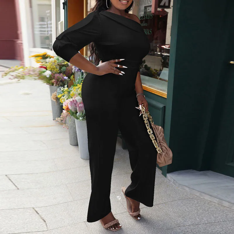 Solid One Shoulder Half Sleeve Straight-Leg Jumpsuit