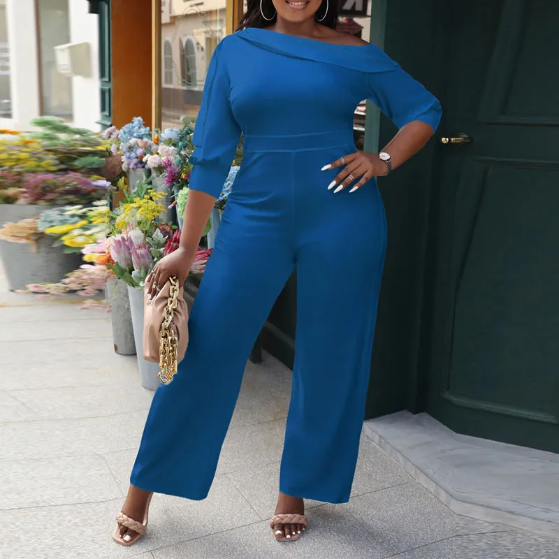 Solid One Shoulder Half Sleeve Straight-Leg Jumpsuit