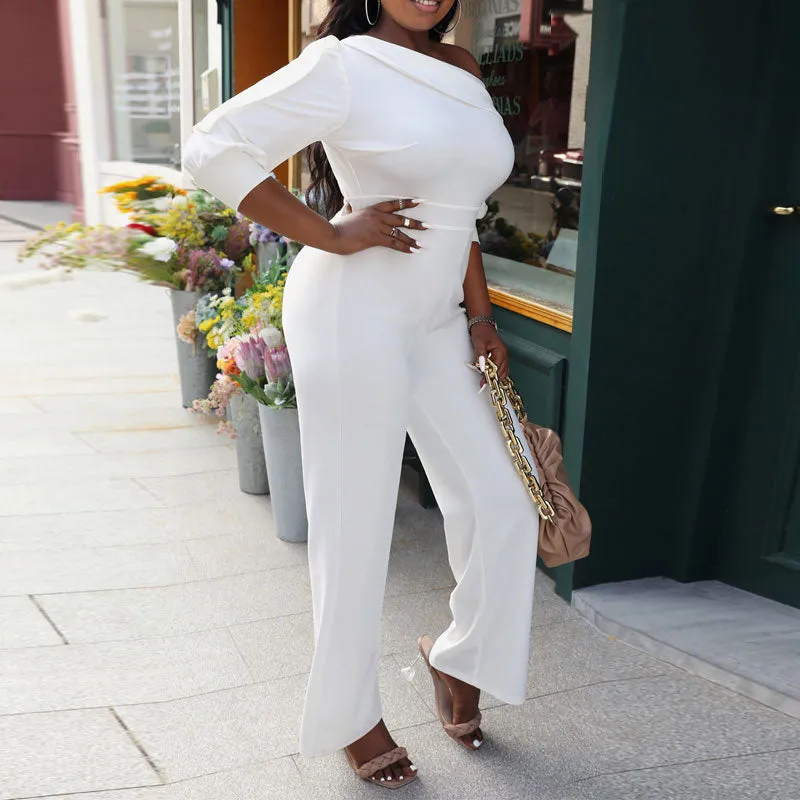 Solid One Shoulder Half Sleeve Straight-Leg Jumpsuit