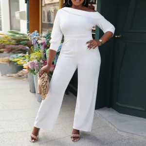 Solid One Shoulder Half Sleeve Straight-Leg Jumpsuit