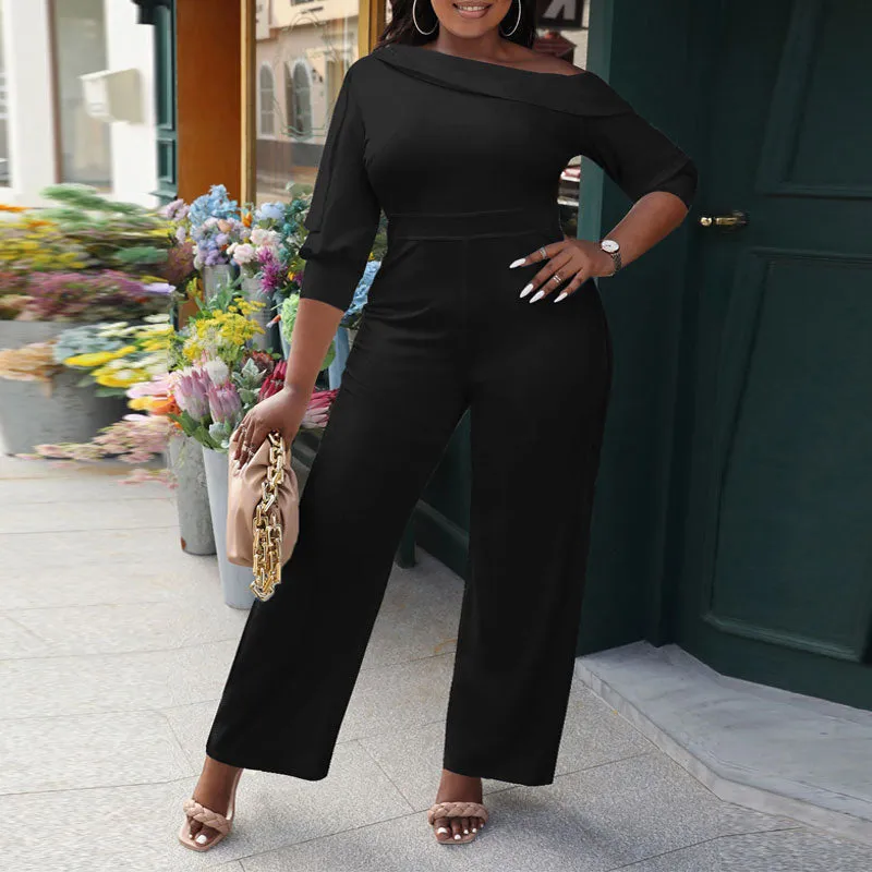 Solid One Shoulder Half Sleeve Straight-Leg Jumpsuit