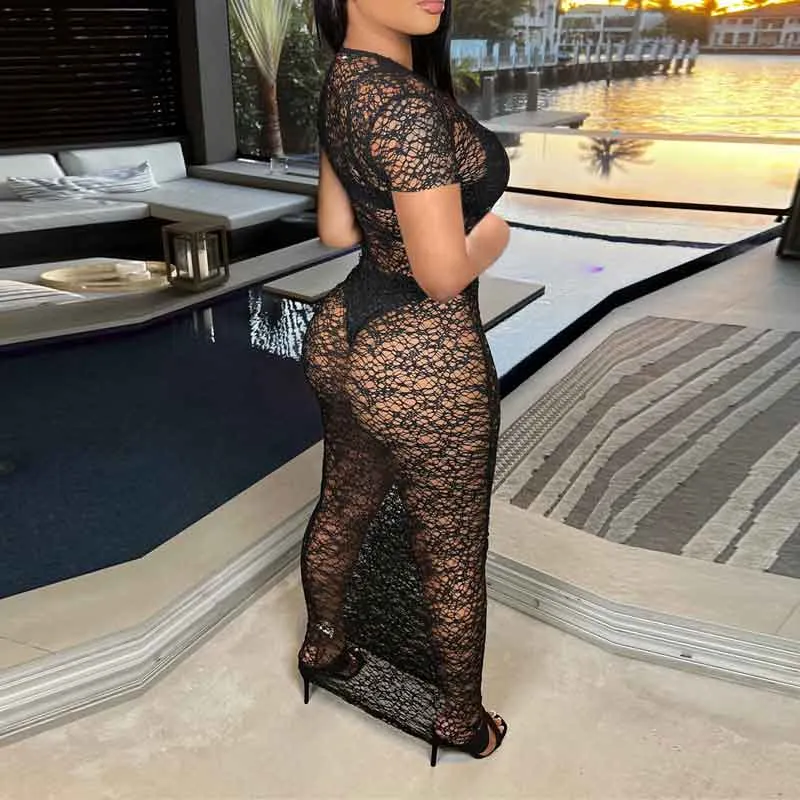 Solid Short Sleeve See Through Lace Maxi Dress