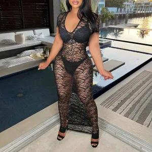Solid Short Sleeve See Through Lace Maxi Dress