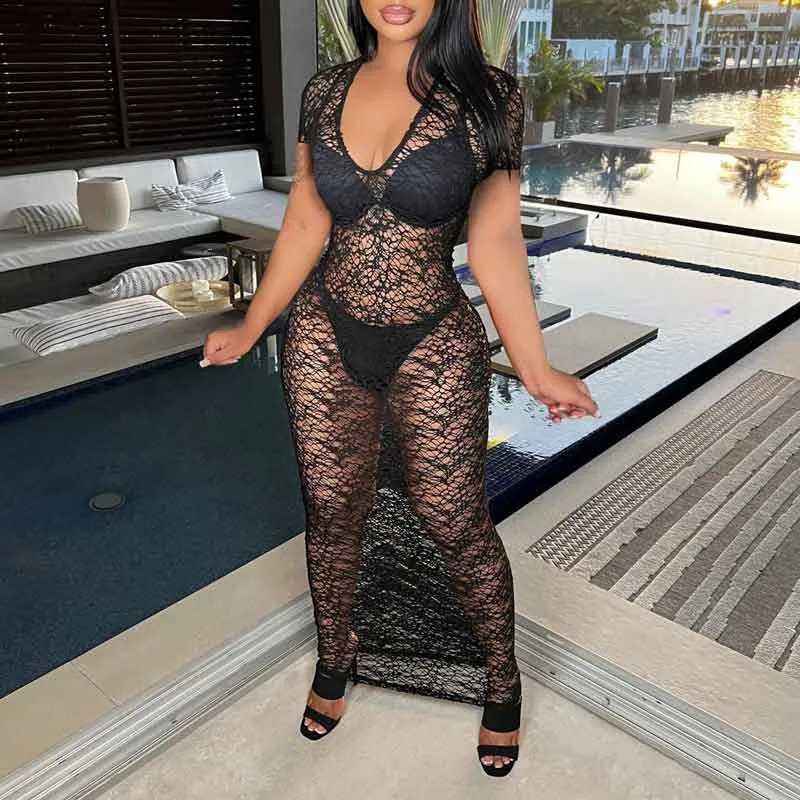 Solid Short Sleeve See Through Lace Maxi Dress