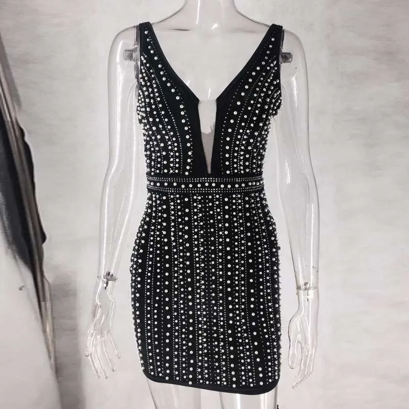 Solid Sleeveless Beaded Rhinestone Bodycon Dress