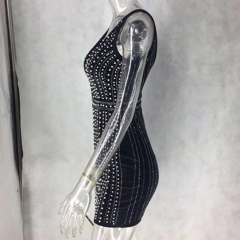 Solid Sleeveless Beaded Rhinestone Bodycon Dress