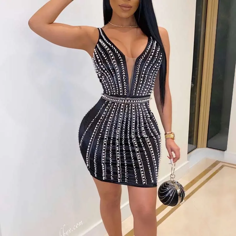 Solid Sleeveless Beaded Rhinestone Bodycon Dress