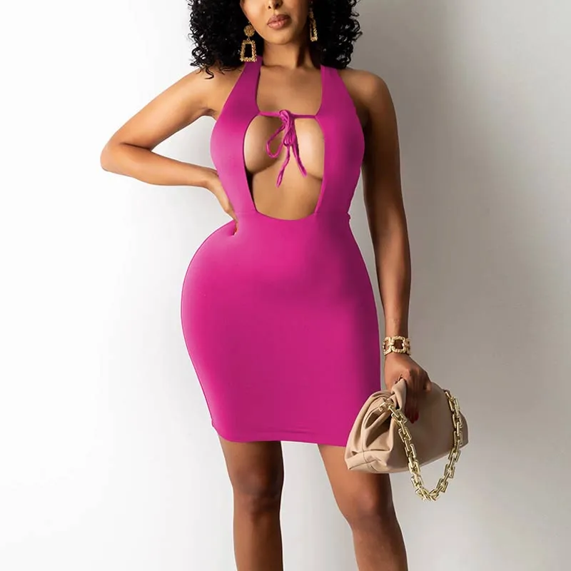 Solid Sleeveless Halter Bandage Bodycon Dress