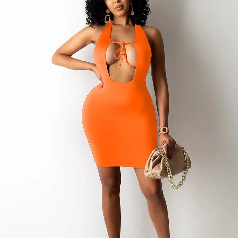 Solid Sleeveless Halter Bandage Bodycon Dress