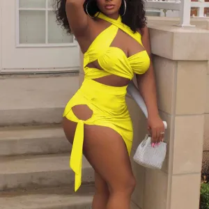 Solid Sleeveless Halter Bandage Skirt Set
