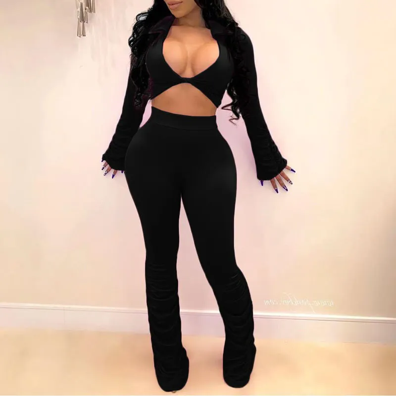Solid V-Neck Long Sleeve Crop Top & Ruched Pants Set
