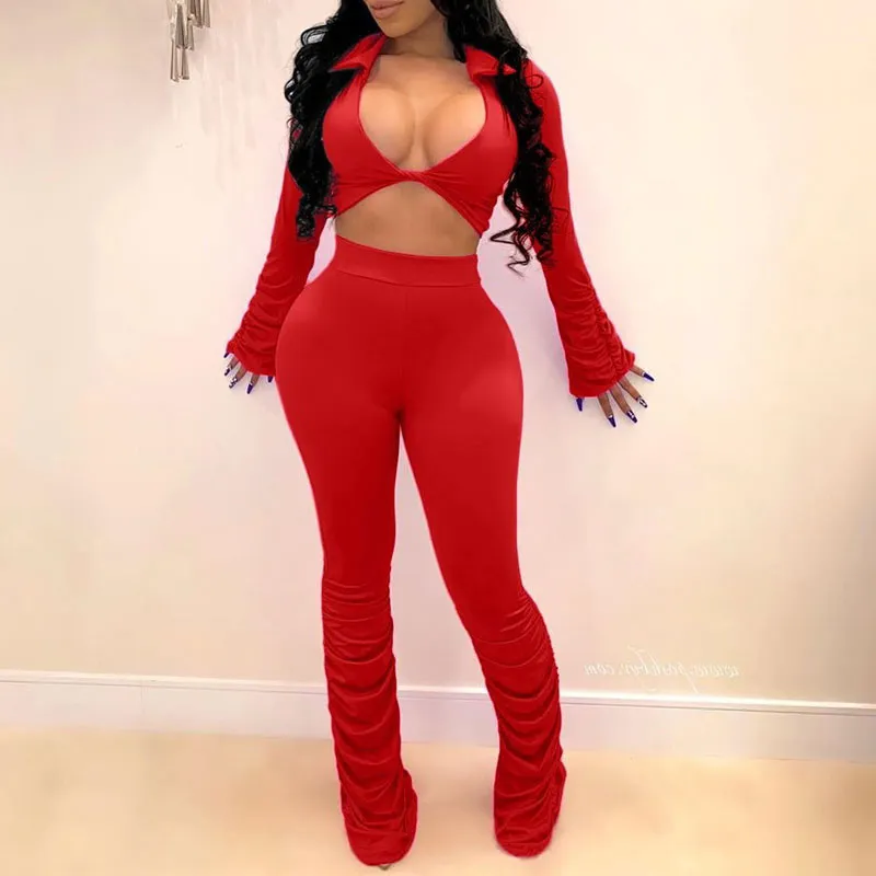 Solid V-Neck Long Sleeve Crop Top & Ruched Pants Set