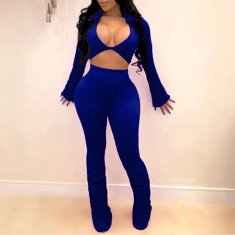 Solid V-Neck Long Sleeve Crop Top & Ruched Pants Set