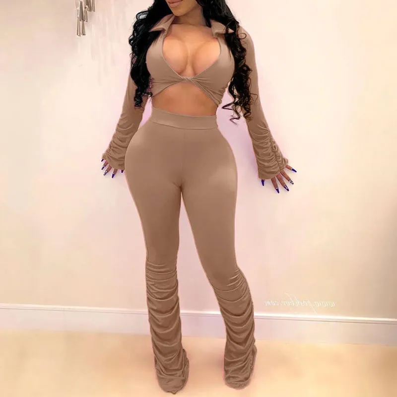 Solid V-Neck Long Sleeve Crop Top & Ruched Pants Set
