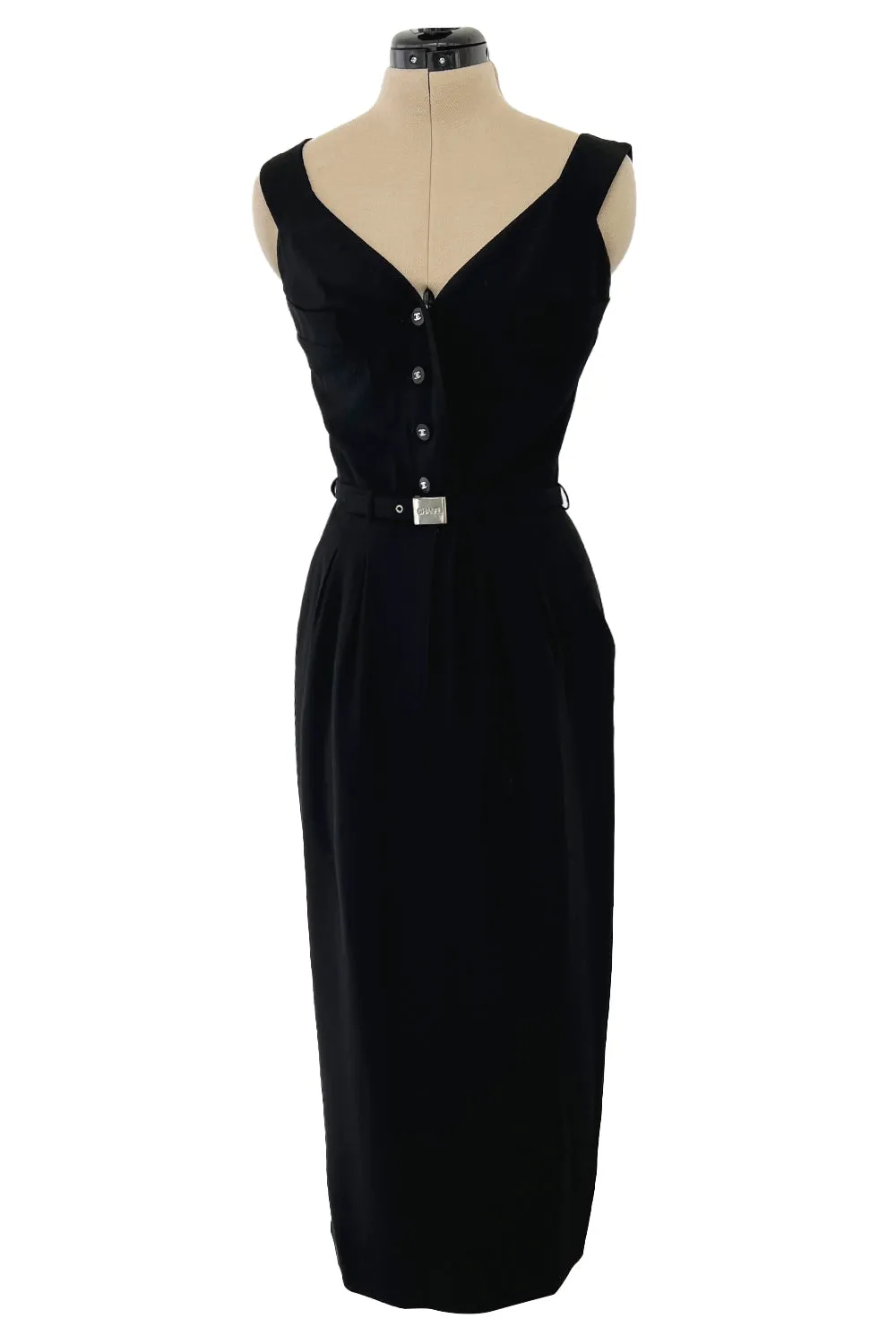 Striking Spring 1996 Chanel by Karl Lagerfeld Black Fitted Dress w Pockets Chanel Buttons & Belt