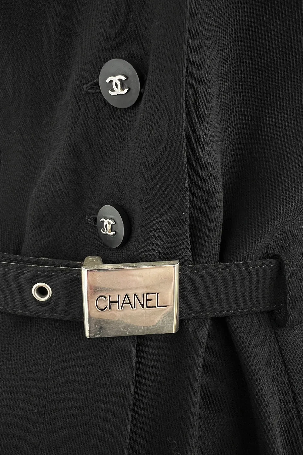 Striking Spring 1996 Chanel by Karl Lagerfeld Black Fitted Dress w Pockets Chanel Buttons & Belt