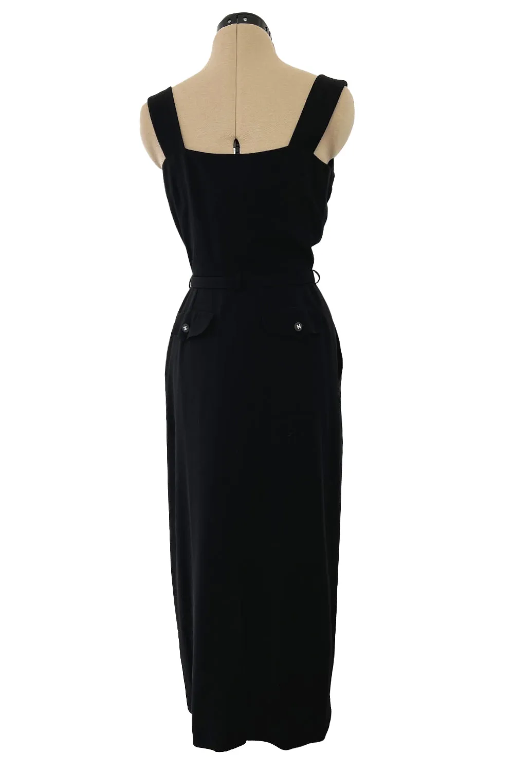 Striking Spring 1996 Chanel by Karl Lagerfeld Black Fitted Dress w Pockets Chanel Buttons & Belt