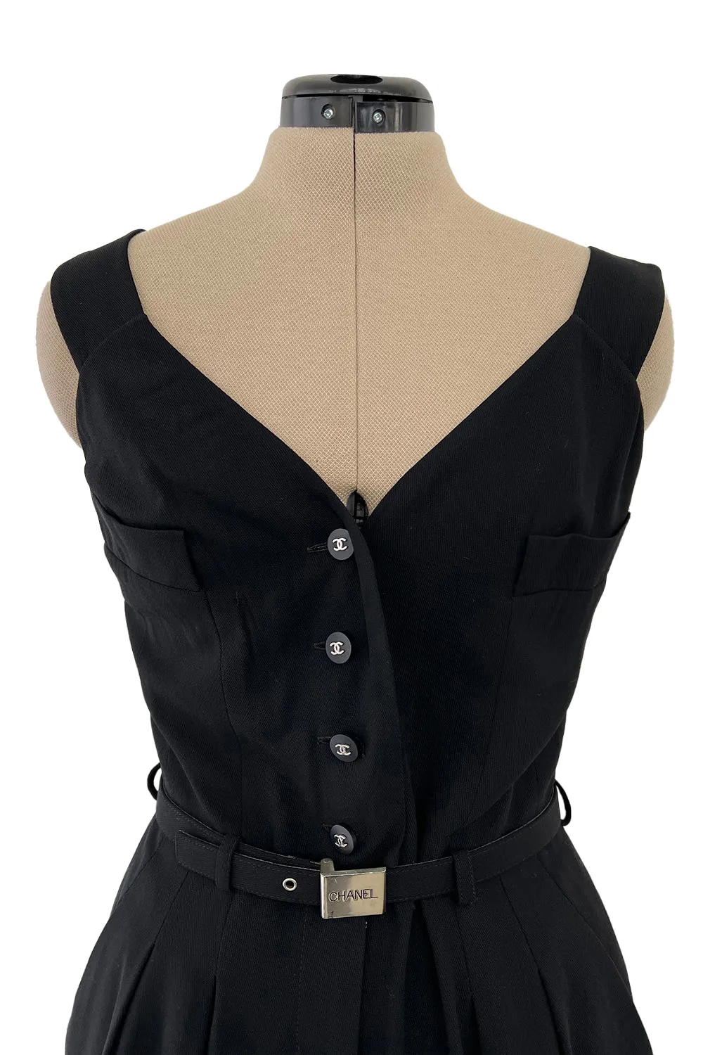 Striking Spring 1996 Chanel by Karl Lagerfeld Black Fitted Dress w Pockets Chanel Buttons & Belt