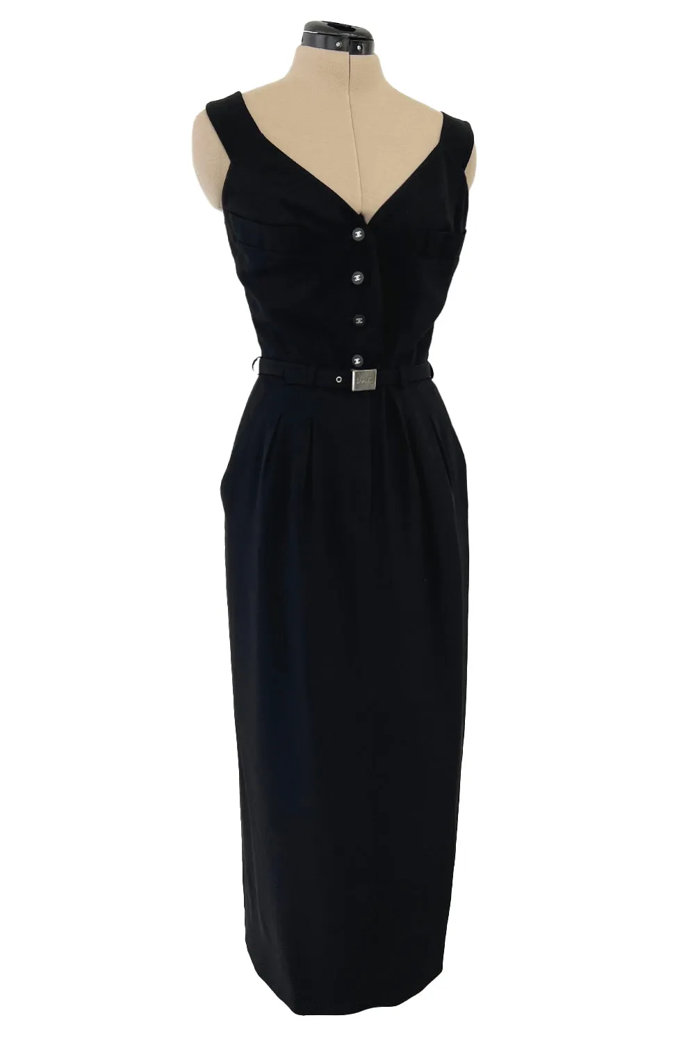 Striking Spring 1996 Chanel by Karl Lagerfeld Black Fitted Dress w Pockets Chanel Buttons & Belt