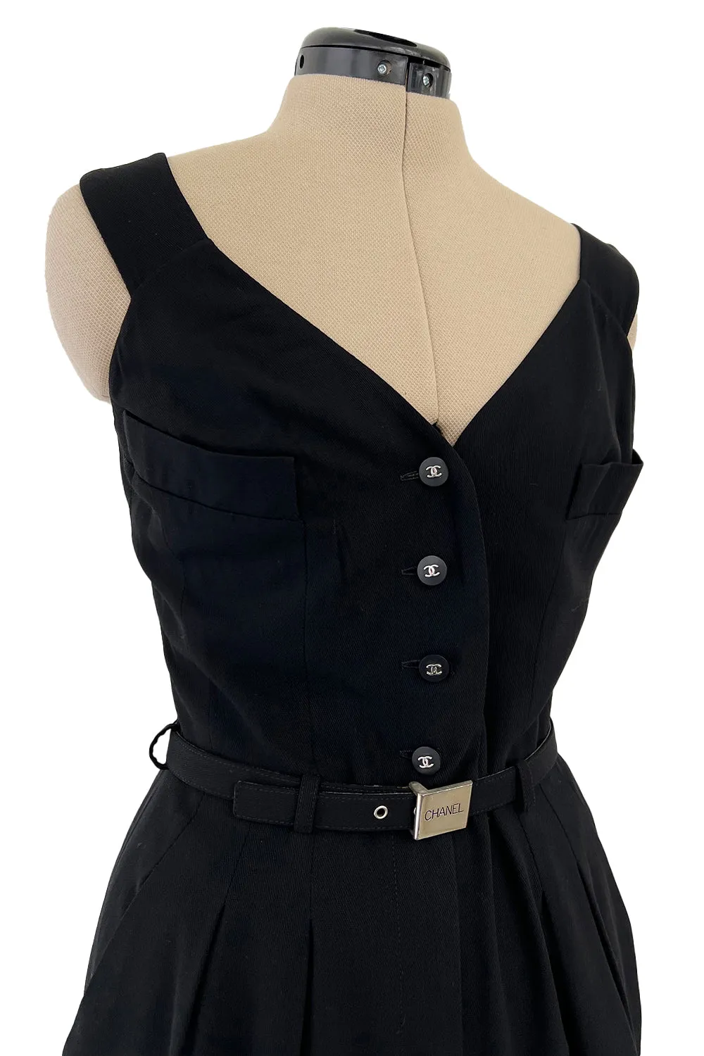 Striking Spring 1996 Chanel by Karl Lagerfeld Black Fitted Dress w Pockets Chanel Buttons & Belt