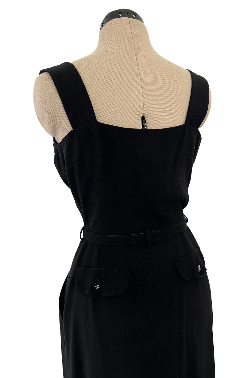 Striking Spring 1996 Chanel by Karl Lagerfeld Black Fitted Dress w Pockets Chanel Buttons & Belt