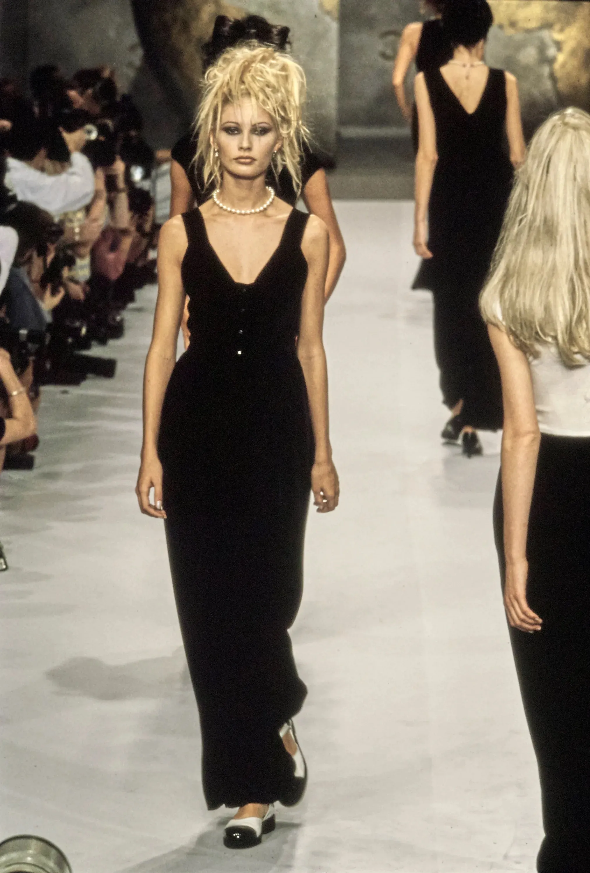Striking Spring 1996 Chanel by Karl Lagerfeld Black Fitted Dress w Pockets Chanel Buttons & Belt