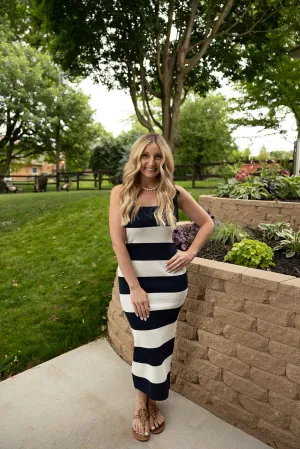 Striped Knit Dress-Navy/White