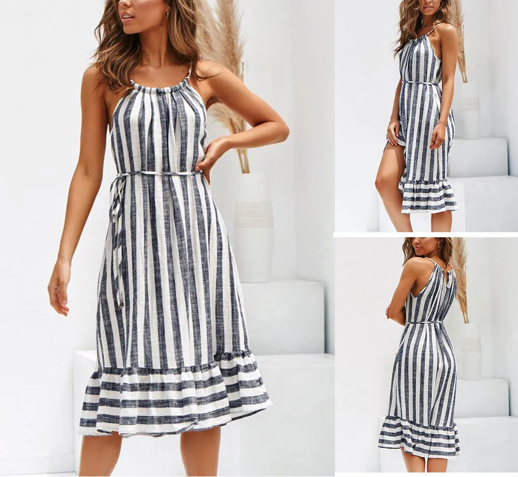 Striped Stitching Waistband Loose Hanging Neck Dress